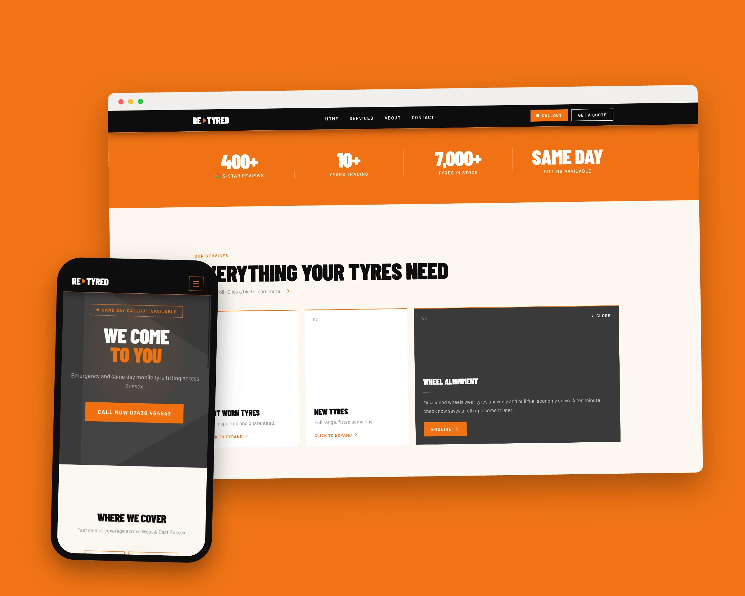 Re-Tyred website, shown on desktop and phone
